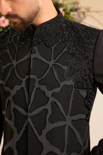 Buy Kasbah Black Cotton, Polyester Sculptural Cutdana Work Sherwani Online at Aza Fashions Buy_Kasbah_Black Cotton, Polyester Sculptural Cutdana Work Sherwani _Online_at_Aza_Fashions