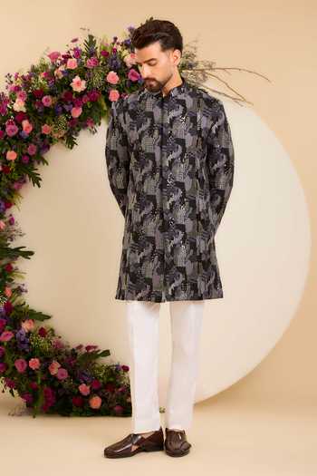 Kasbah Grey Silk Saphir Cutdana Embroidered Short Sherwani Online at Aza Fashions Kasbah_Grey Silk Saphir Cutdana Embroidered Short Sherwani _Online_at_Aza_Fashions