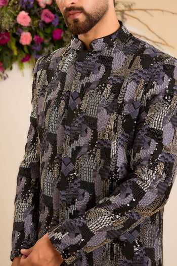 Buy Kasbah Grey Silk Saphir Cutdana Embroidered Short Sherwani Online at Aza Fashions Buy_Kasbah_Grey Silk Saphir Cutdana Embroidered Short Sherwani _Online_at_Aza_Fashions