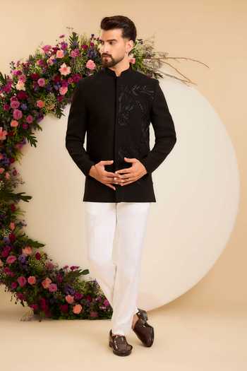 Kasbah_Black Embroidery, Cut Work Majestic Horse Bandhgala _Online_at_Aza_Fashions