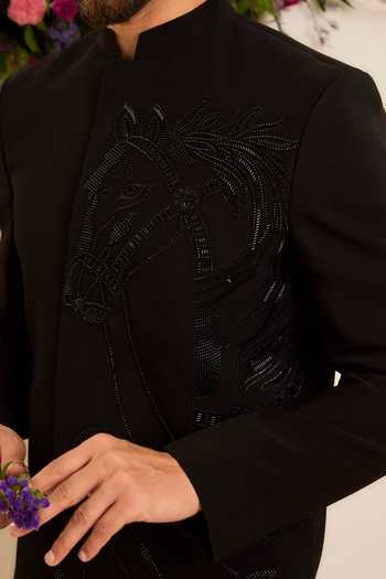 Buy_Kasbah_Black Embroidery, Cut Work Majestic Horse Bandhgala _Online_at_Aza_Fashions