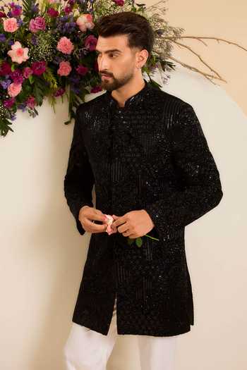 Kasbah Noir Abstract Floral Handwork Velvet Sherwani 