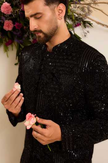 Buy Kasbah Black Velvet Noir Abstract Floral Handwork Sherwani Online at Aza Fashions Buy_Kasbah_Black Velvet Noir Abstract Floral Handwork Sherwani _Online_at_Aza_Fashions