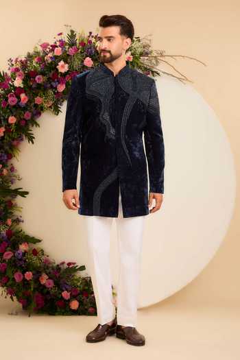 Kasbah Blue Velvet Midnight Navy Cutdana Work Sherwani Online at Aza Fashions Kasbah_Blue Velvet Midnight Navy Cutdana Work Sherwani _Online_at_Aza_Fashions