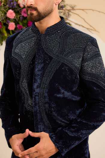 Buy Kasbah Blue Velvet Midnight Navy Cutdana Work Sherwani Online at Aza Fashions Buy_Kasbah_Blue Velvet Midnight Navy Cutdana Work Sherwani _Online_at_Aza_Fashions