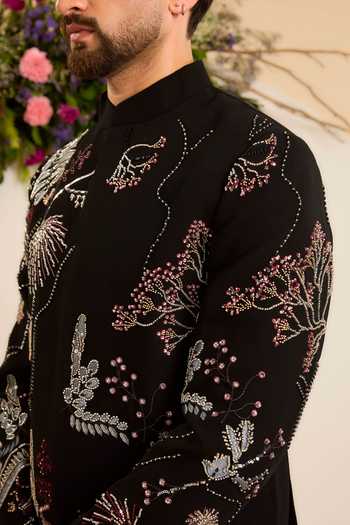 Kasbah_Black Stones, Beads Floral Embroidered Bandhgala _Online_at_Aza_Fashions