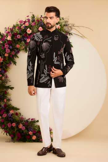 Buy_Kasbah_Black Stones, Beads Floral Embroidered Bandhgala _Online_at_Aza_Fashions