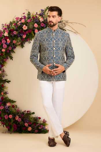Kasbah_Blue Chanderi Embroidery Savoy Bandhgala _Online_at_Aza_Fashions