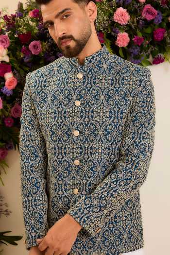 Buy_Kasbah_Blue Chanderi Embroidery Savoy Bandhgala _Online_at_Aza_Fashions