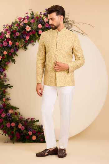 Kasbah Yellow Chanderi Embroidery, Beads, Zari Savoy Bandhgala Online at Aza Fashions Kasbah_Yellow Chanderi Embroidery, Beads, Zari Savoy Bandhgala _Online_at_Aza_Fashions