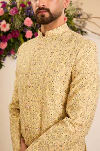 Buy Kasbah Yellow Chanderi Embroidery, Beads, Zari Savoy Bandhgala Online at Aza Fashions Buy_Kasbah_Yellow Chanderi Embroidery, Beads, Zari Savoy Bandhgala _Online_at_Aza_Fashions