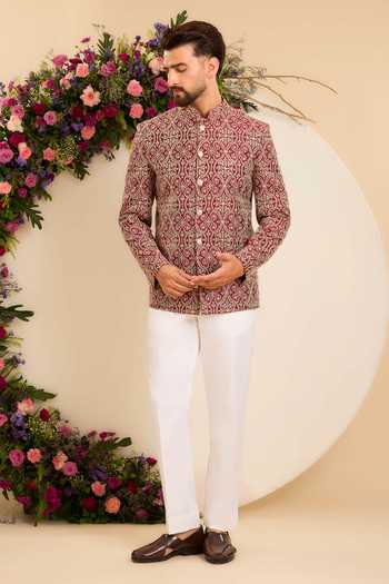 Kasbah_Maroon Chanderi Sequins, Zari, Lace Savoy Embroidered Bandhgala _Online_at_Aza_Fashions