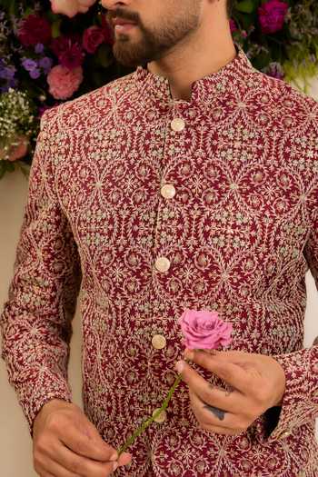 Buy_Kasbah_Maroon Chanderi Sequins, Zari, Lace Savoy Embroidered Bandhgala _Online_at_Aza_Fashions
