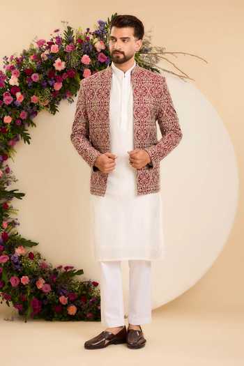 Kasbah_Maroon Chanderi Embroidery, Sequins Threadwork Embellished Bandhgala Jacket _Online_at_Aza_Fashions