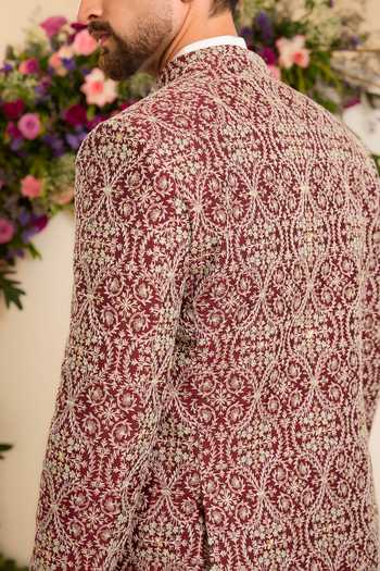 Buy_Kasbah_Maroon Chanderi Embroidery, Sequins Threadwork Embellished Bandhgala Jacket _Online_at_Aza_Fashions