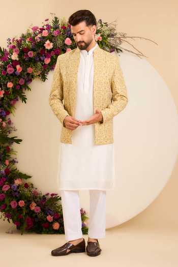 Kasbah_Yellow Chanderi Embroidery, Zari Savoy Front-open Bandhgala _Online_at_Aza_Fashions