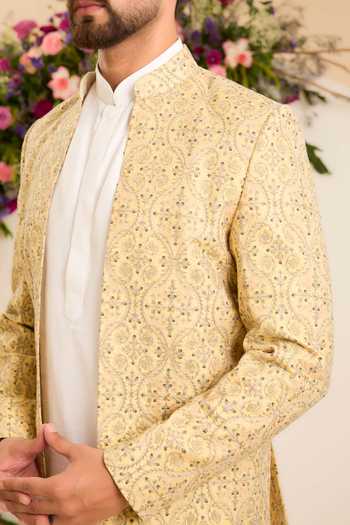 Buy_Kasbah_Yellow Chanderi Embroidery, Zari Savoy Front-open Bandhgala _Online_at_Aza_Fashions