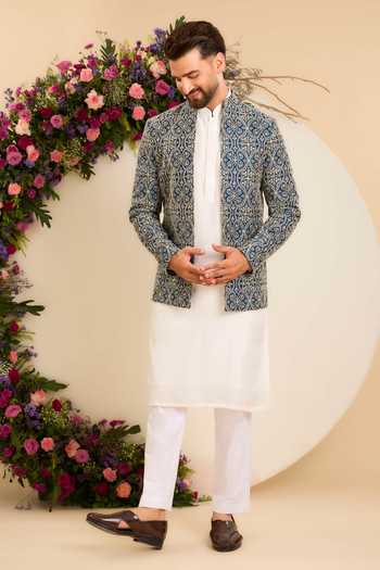 Kasbah_Blue Chanderi Embroidery, Zari Savoy Open-front Bandhgala _Online_at_Aza_Fashions