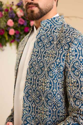 Buy_Kasbah_Blue Chanderi Embroidery, Zari Savoy Open-front Bandhgala _Online_at_Aza_Fashions