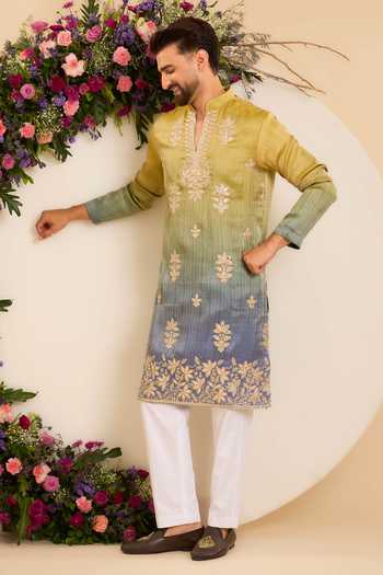 Kasbah Blue Tissue The Elara Soft Ombre Leather Work Kurta Online at Aza Fashions Kasbah_Blue Tissue The Elara Soft Ombre Leather Work Kurta _Online_at_Aza_Fashions