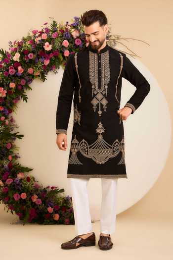 Kasbah_Black Timeless Antique Gold Embroidered Kurta _Online_at_Aza_Fashions