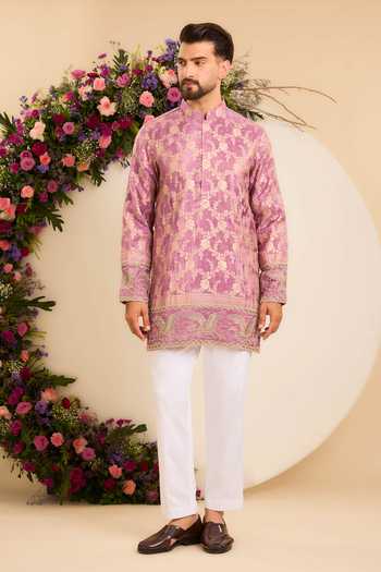 Kasbah Purple Tissue, Brocade Flamingo Embroidered Kurta Online at Aza Fashions Kasbah_Purple Tissue, Brocade Flamingo Embroidered Kurta _Online_at_Aza_Fashions