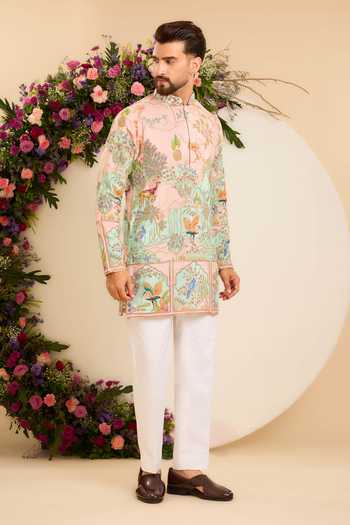 Kasbah Pink Crepe Wildlife Embroidered Vibrant Short Kurta Online at Aza Fashions Kasbah_Pink Crepe Wildlife Embroidered Vibrant Short Kurta _Online_at_Aza_Fashions
