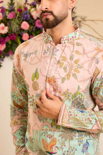 Buy Kasbah Pink Crepe Wildlife Embroidered Vibrant Short Kurta Online at Aza Fashions Buy_Kasbah_Pink Crepe Wildlife Embroidered Vibrant Short Kurta _Online_at_Aza_Fashions