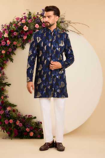 Kasbah Blue Silk The Saphir Cutdana Short Sherwani Online at Aza Fashions Kasbah_Blue Silk The Saphir Cutdana Short Sherwani _Online_at_Aza_Fashions