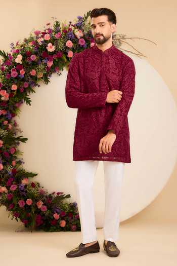 Kasbah Maroon Georgette Paisley Embroidered Chikankari Short Kurta Online at Aza Fashions Kasbah_Maroon Georgette Paisley Embroidered Chikankari Short Kurta _Online_at_Aza_Fashions