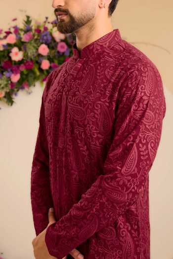 Buy Kasbah Maroon Georgette Paisley Embroidered Chikankari Short Kurta Online at Aza Fashions Buy_Kasbah_Maroon Georgette Paisley Embroidered Chikankari Short Kurta _Online_at_Aza_Fashions