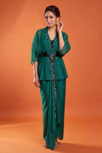 Shop_Nupur Kanoi_Organza Peplum Cape With Draped Dress_Online_at_Aza_Fashions