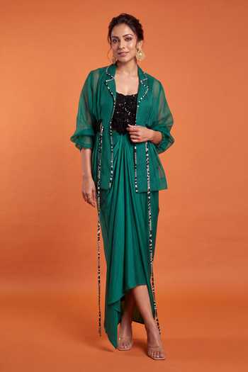 Buy_Nupur Kanoi_Organza Peplum Cape With Draped Dress