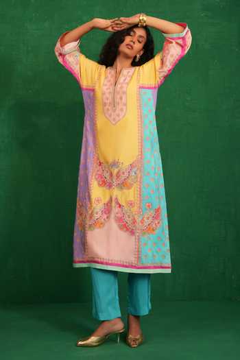 Shop Swati Vijaivargie Yellow Silk V-neck Multi Butterfly Kurta Set Shop_Swati Vijaivargie_Yellow Silk V-neck Multi Butterfly Kurta Set