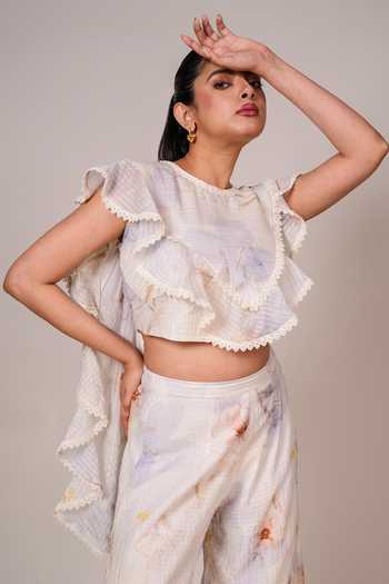 9899 White Tencel Round Neck Daydream Check Top And Pant Set at Aza Fashions 9899_White Tencel Round Neck Daydream Check Top And Pant Set _at_Aza_Fashions