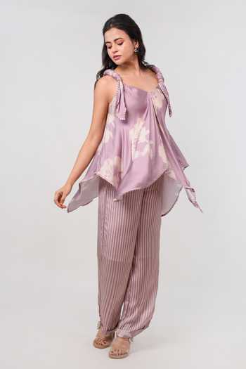 9899_Purple Satin V-neck Lilac Bloom Top And Pant Set _Online_at_Aza_Fashions