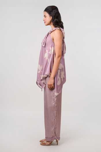 Buy_9899_Purple Satin V-neck Lilac Bloom Top And Pant Set _Online_at_Aza_Fashions