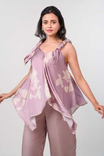 Shop_9899_Purple Satin V-neck Lilac Bloom Top And Pant Set _Online_at_Aza_Fashions