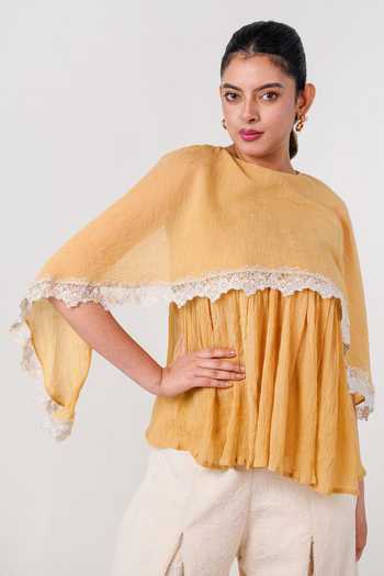 9899 Yellow Cotton Boat Neck Marigold Layered Cape Top And Pant Set at Aza Fashions 9899_Yellow Cotton Boat Neck Marigold Layered Cape Top And Pant Set _at_Aza_Fashions