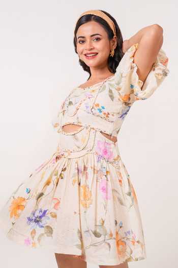 9899 Cream Cotton Square Neck Floral Braided Mini Dress Online at Aza Fashions 9899_Cream Cotton Square Neck Floral Braided Mini Dress _Online_at_Aza_Fashions