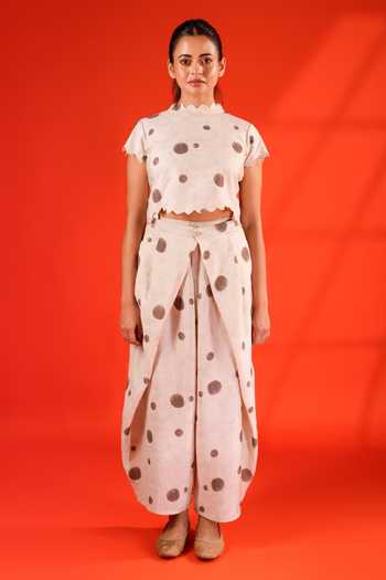 Buy 9899 Off White Linen, Tencel High Neck Dot Pattern Blouse And Pant Set Online at Aza Fashions Buy_9899_Off White Linen, Tencel High Neck Dot Pattern Blouse And Pant Set _Online_at_Aza_Fashions