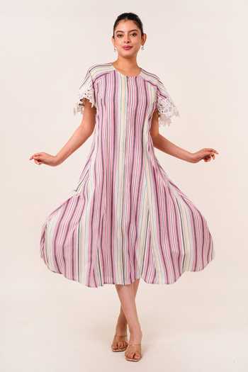 9899 Pink Linen Round Neck Cape Stripe Pattern Dress Online at Aza Fashions 9899_Pink Linen Round Neck Cape Stripe Pattern Dress _Online_at_Aza_Fashions