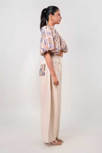9899_Blue Cotton, Tencel Round Neck Printed Top And Pant Set _Online_at_Aza_Fashions