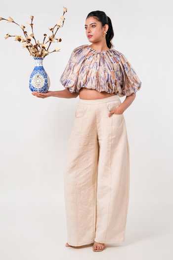 Buy_9899_Blue Cotton, Tencel Round Neck Printed Top And Pant Set _Online_at_Aza_Fashions