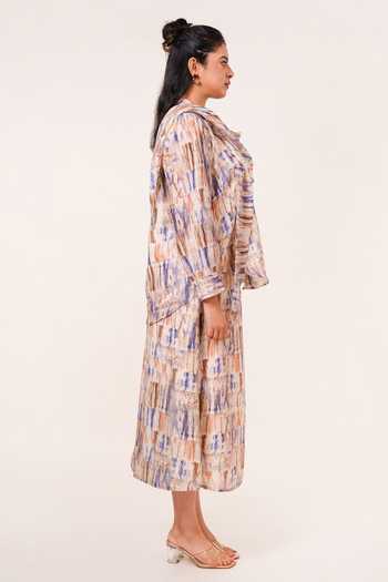 9899 Blue Tencel Cowl Neck Abstract Print Shirt And Skirt Set Online at Aza Fashions 9899_Blue Tencel Cowl Neck Abstract Print Shirt And Skirt Set _Online_at_Aza_Fashions