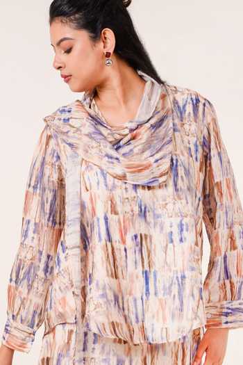 Buy 9899 Blue Tencel Cowl Neck Abstract Print Shirt And Skirt Set Online at Aza Fashions Buy_9899_Blue Tencel Cowl Neck Abstract Print Shirt And Skirt Set _Online_at_Aza_Fashions