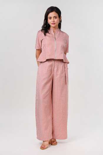 9899 Cherry Gingham Print Top & Pant Set 