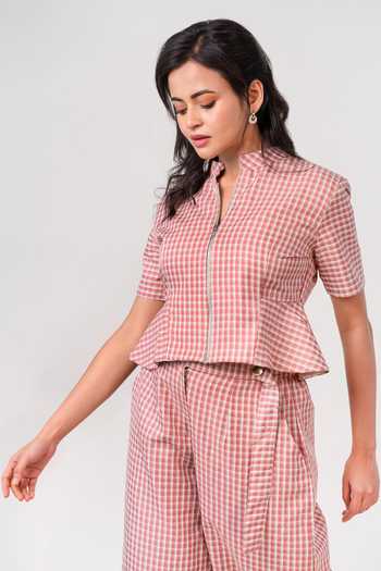 Buy 9899 Red Gingham Mandarin Collar Cherry Print Top And Pant Set Online at Aza Fashions Buy_9899_Red Gingham Mandarin Collar Cherry Print Top And Pant Set _Online_at_Aza_Fashions