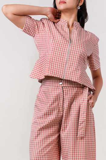 Shop 9899 Red Gingham Mandarin Collar Cherry Print Top And Pant Set Online at Aza Fashions Shop_9899_Red Gingham Mandarin Collar Cherry Print Top And Pant Set _Online_at_Aza_Fashions