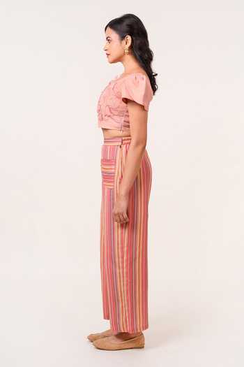 9899 Pink Linen Square Neck Fleur Embroidered Top And Pant Set Online at Aza Fashions 9899_Pink Linen Square Neck Fleur Embroidered Top And Pant Set _Online_at_Aza_Fashions